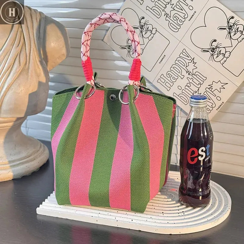 Metal Ring Handbag Fashionable Women'S Bucket Bag Knit Tote Bag Spacious Color Block Handbag For Leisure Travel Daily Commuting HALALZEN