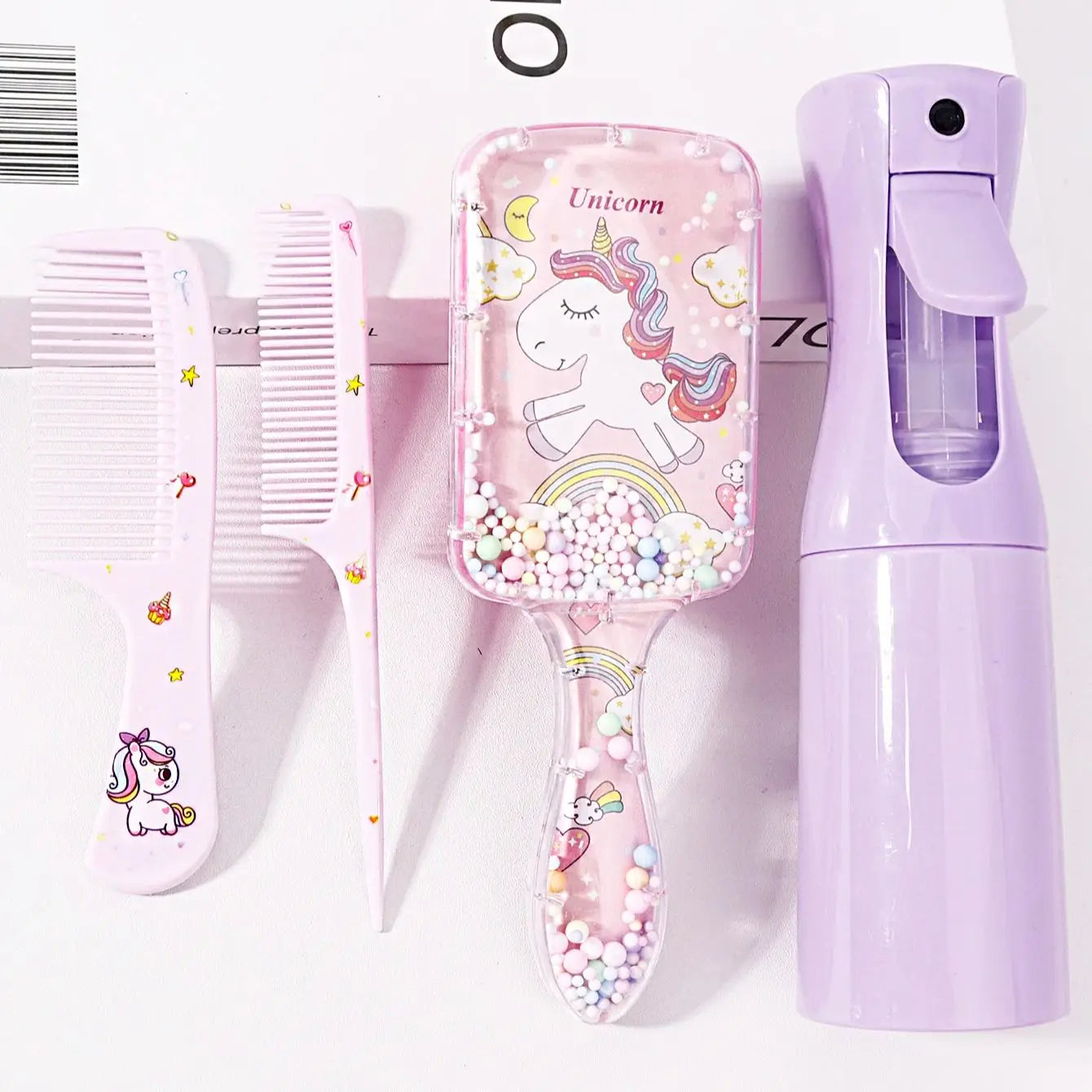 4pcs hair styling set, 200ml spray bottle, cute cartoon pattern square hair brush and 2 combs, Special for real hair wigs Halalzen
