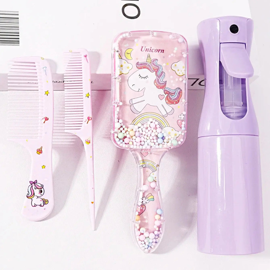 4pcs hair styling set, 200ml spray bottle, cute cartoon pattern square hair brush and 2 combs, Special for real hair wigs Halalzen