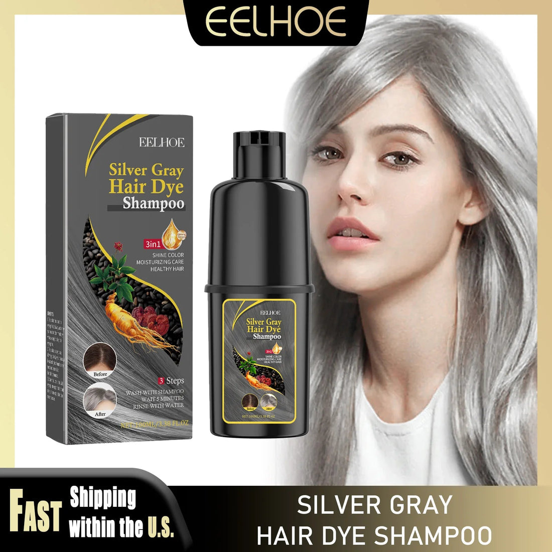 EELHOE 100ml Hair Dye Shampoo Silver Gray Quickly Dye Moisturize Make Hair Soft Shiny High-efficiency Dye Safe Gentle Hair Care HALALZEN