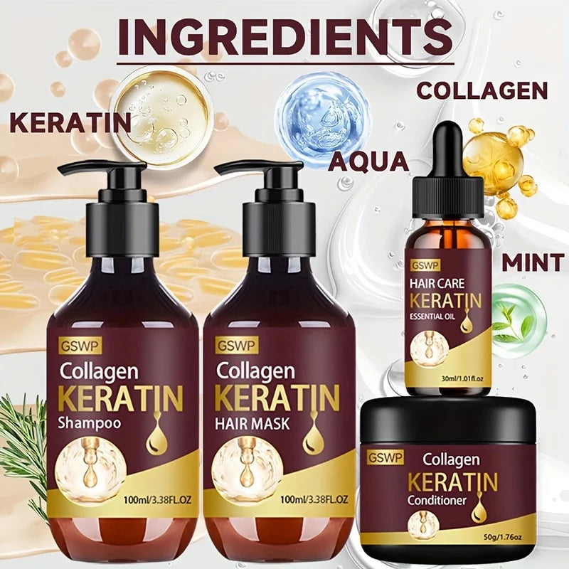 GSWP 4-Piece Keratin Care Set: Keratin Shampoo, Conditioner, Hair Mask, and Hair Oil for Deep Moisturizing. Halalzen