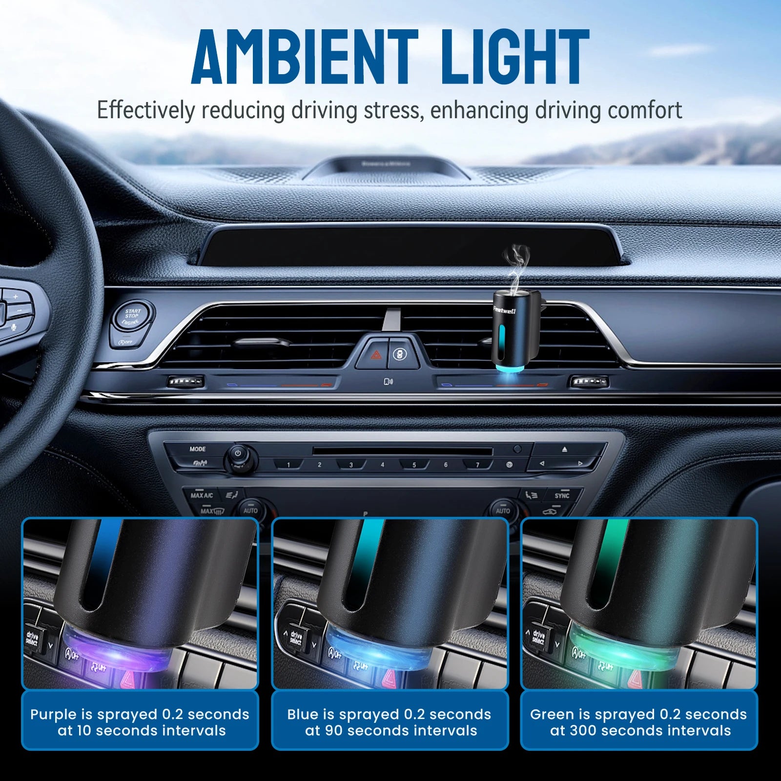 Smart Car Air Freshener Diffuser, Three Adjustable Modes, Intelligent Car Aroma Diffuser with 3pcs Essential Oil