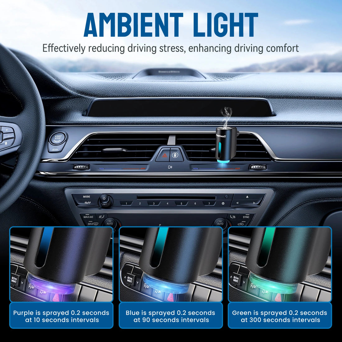 Smart Car Air Freshener Diffuser, Three Adjustable Modes, Intelligent Car Aroma Diffuser with 3pcs Essential Oil