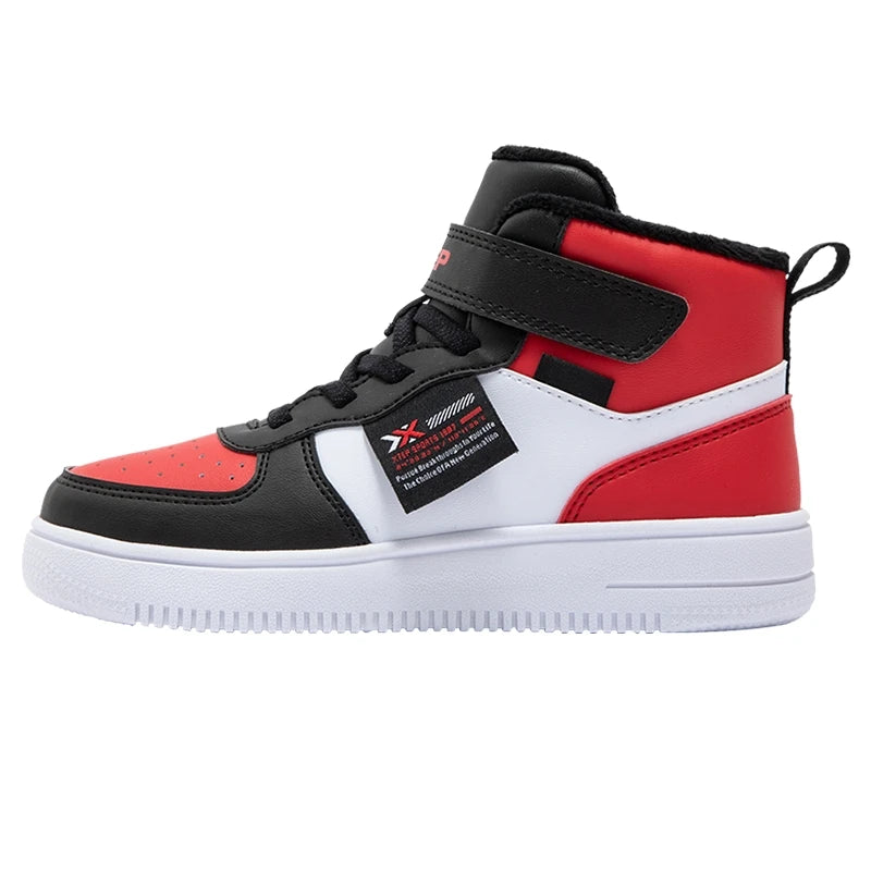 Xtep Kid's Skateboarding Shoes 2024 Winter Unisex Warm Cotton High-top Velcro Stitching Color Fashion Casual Shoes 676416379380