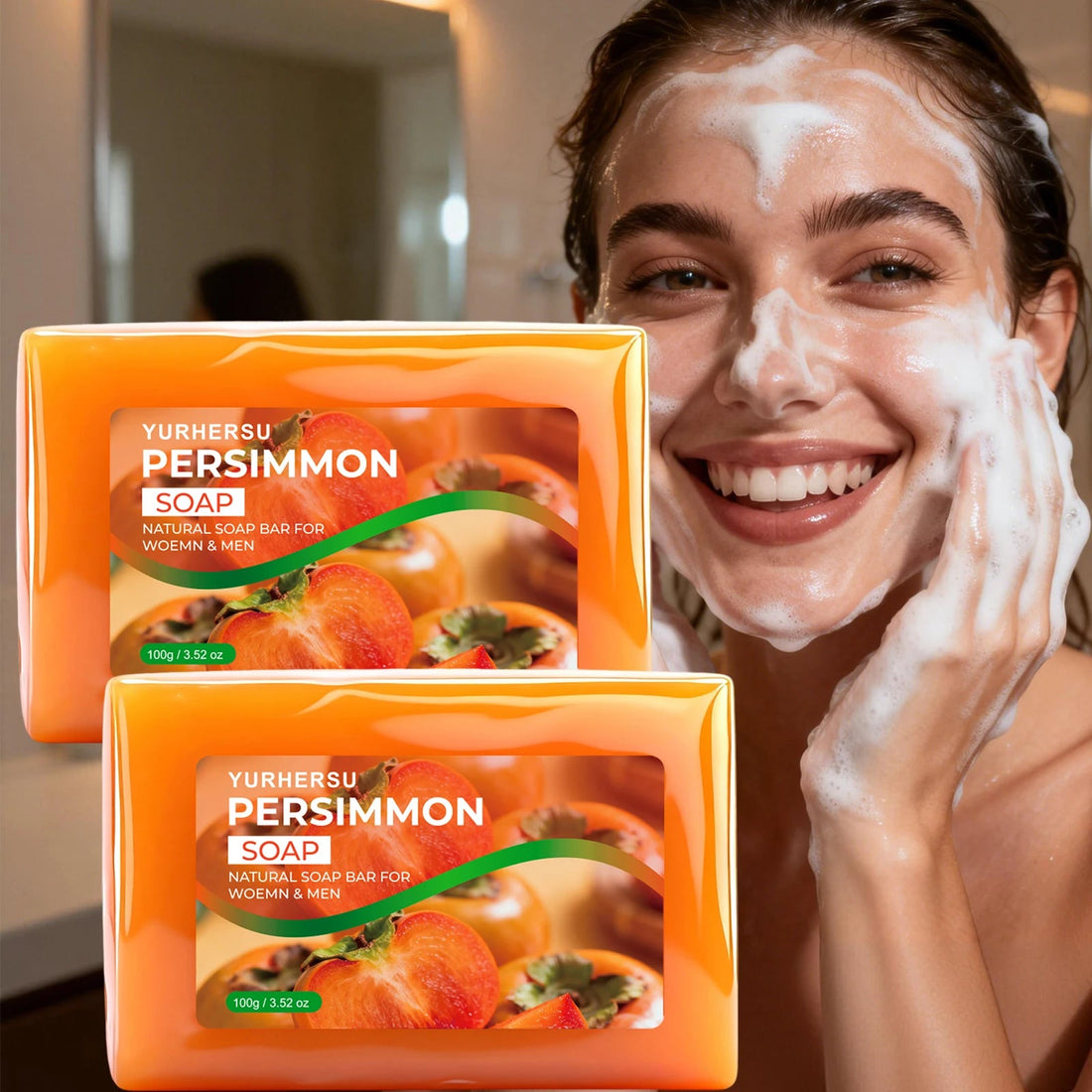 Handmade Persimmon Extract Soap Nourishing Hydrating Repair Damaged Skin Brighten Complexion Face Body Soap Bar Halalzen
