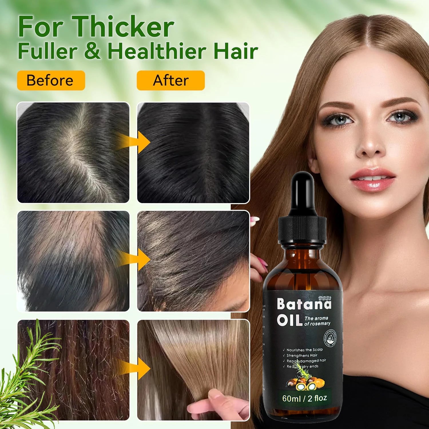 Amococo Batana Oil with Rosemary Hair Scalp Nourishing Oil Natural Hair Strengthening Serum for Dry Ends Frizz Control 60ml X 2 + 30ml X 1