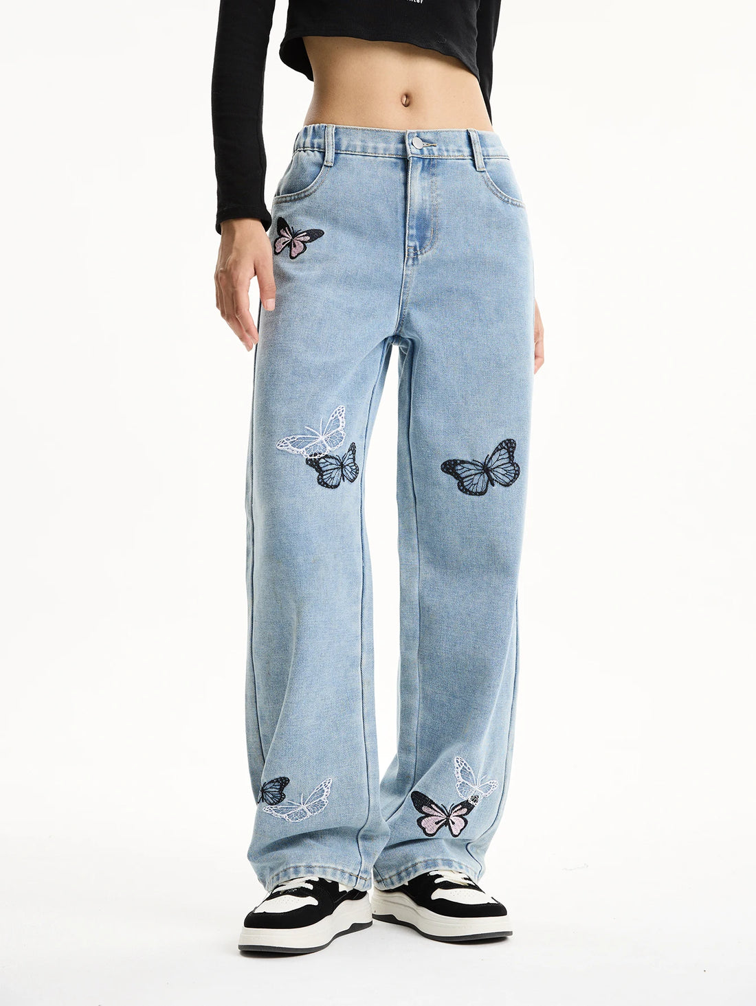 Medium and large girls teenager butterfly print loose wide-leg straight pants casual long versatile jeans