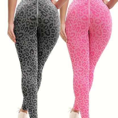 2pcs Women's High Waist Leopard Print Yoga Pants Sports Leggings, Hip Lifting Workout Stretch Fitness Pants For Running Fitness