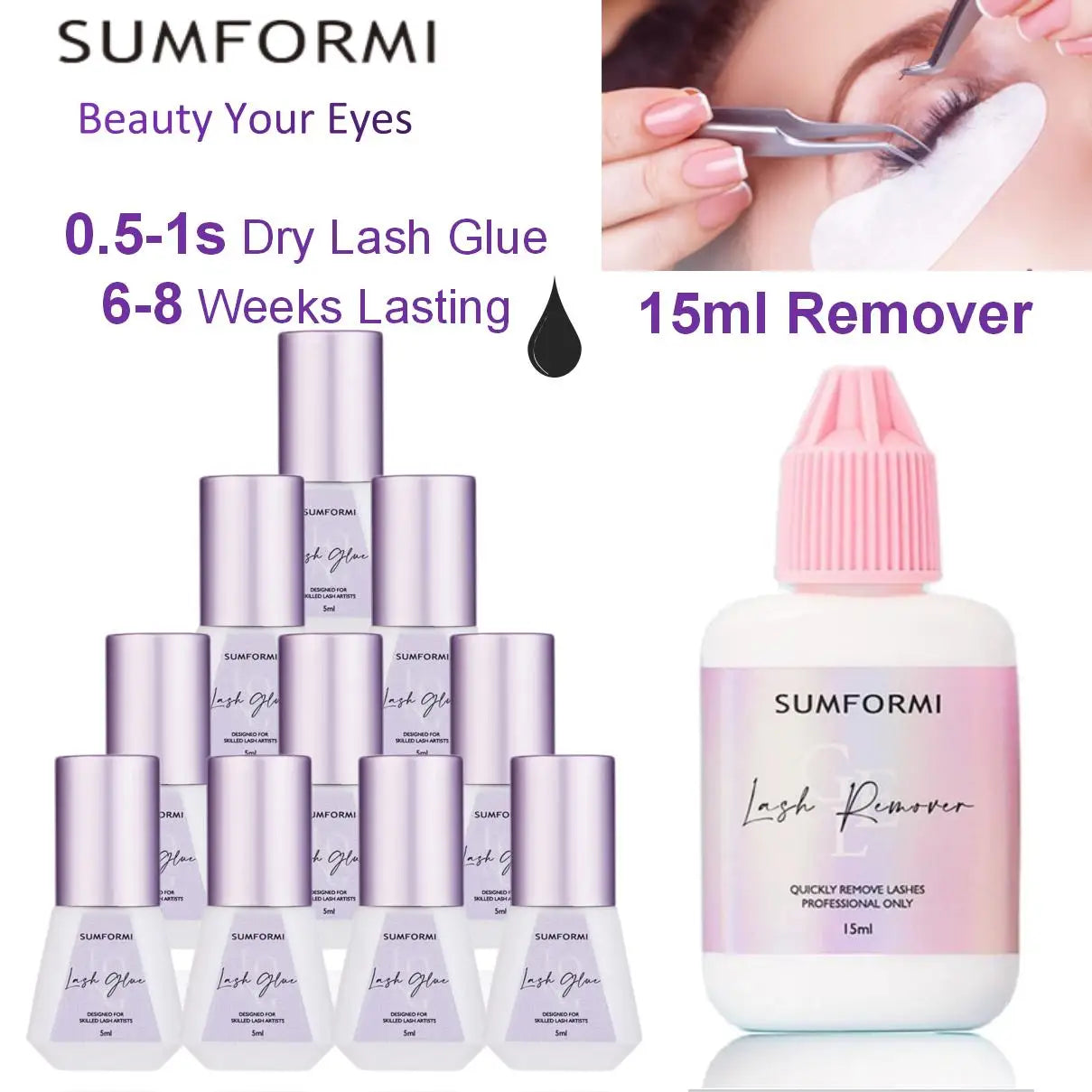 SUMFORMI 10PCS False Eyelash Extensions Glue 0.3S Fast Dry Waterproof Thin Lash Eyelashes Adhesive Bonder Wholesale Makeup Tools