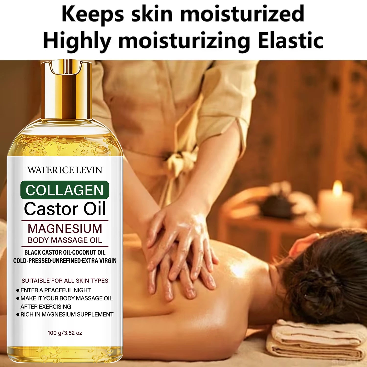 Cold-Pressed Castor Oil Body Massage Oil with Collagen & Magnesium, Moisturizing Care