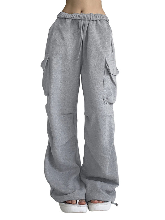 Women s Baggy Cargo Pants High Waist Solid Color Parachute Pants Ruched Sweatpants with Flap Pockets