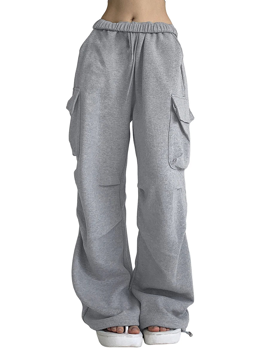 Women s Baggy Cargo Pants High Waist Solid Color Parachute Pants Ruched Sweatpants with Flap Pockets
