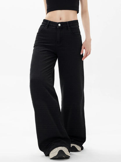 Women's Loose-Fit Black Slimming Washed Denim Pants – Stylish Straight-Leg Wide-Baggy Jeans for Girls