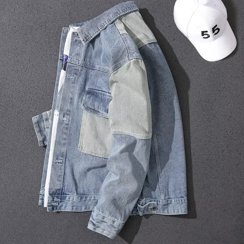 Koreansk stil denim lapning yderbeklædning herrejakke med krave afslappet minimalistisk mode trendy forårs- og efterårsjakke ny stil