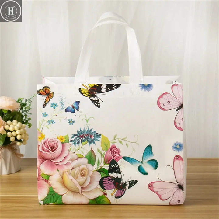 Butterfly Printing Non-woven Fabric Shopping Bag Foldable Reusable Tote Pouch Waterproof Storage Bag Women Travel Grocery Bags HALALZEN
