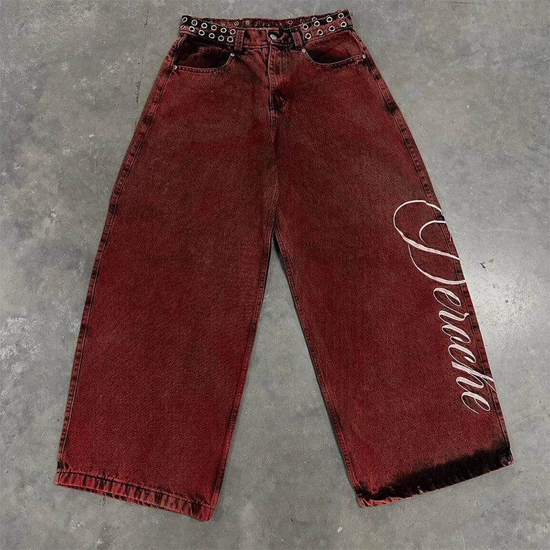 Y2K Casual Loose Jeans Vintage Letter Print Rivet Waist Belt Design Red High Waist Wide Leg Jeans Men Women Hip Hop Streetwear