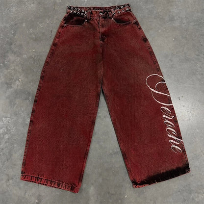 Y2K Casual Loose Jeans Vintage Letter Print Rivet Waist Belt Design Red High Waist Wide Leg Jeans Men Women Hip Hop Streetwear