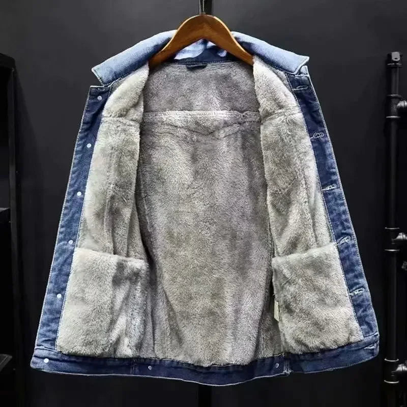 Thickened Fleece-Lined Denim Jacket Men's Loose Fit Warm Work Clothes Trendy Korean Style Versatile Plus Size Casual Wear