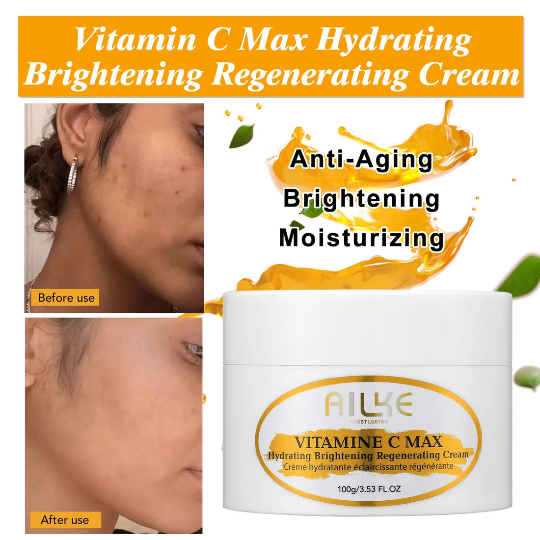 AILKE Vitamin C Skin Care, Even Skin Tone Cream, Regenerae Serum, Radiant Skin, Hydrating, Color Correction, Paraben Free Halalzen