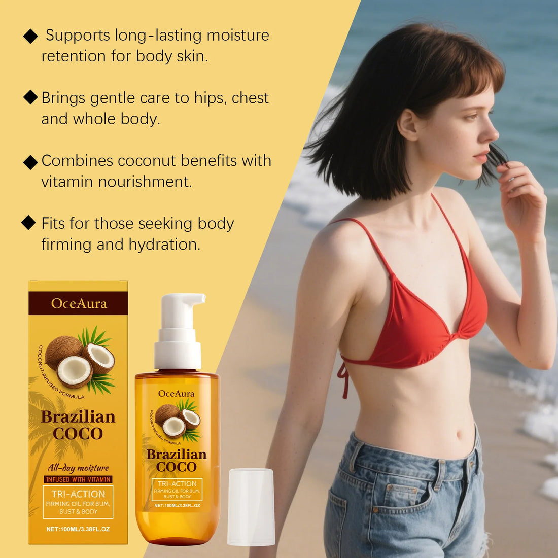 Coconut Body Oil Firming & Moisturizing Skin Care for Body Butt Chest Vitamin Enriched Dry Skin Remedy Nourishing Fast Absorbing