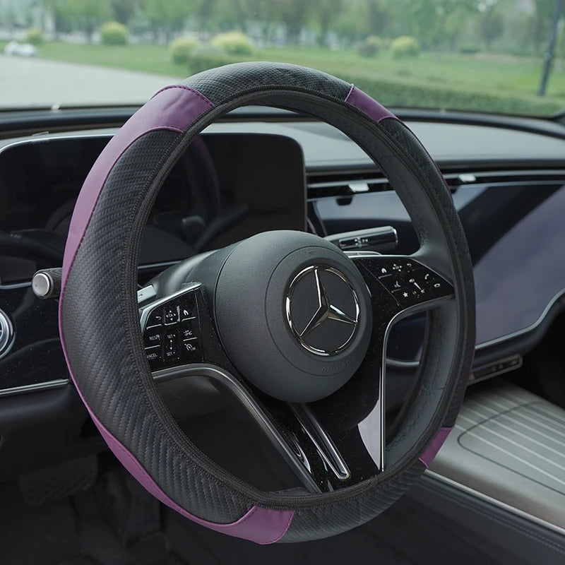 Carbon fiber pattern PU leather steering wheel cover with no inner ring design, full elasticity, anti slip and wear-resistant, m