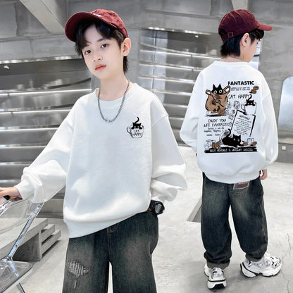 New Boys Girls Sweatshirt Pullover Autumn Korean Version Cartoon Cat Group Printed Long Sleeves T-Shirt Tops Casual Kids Clothes