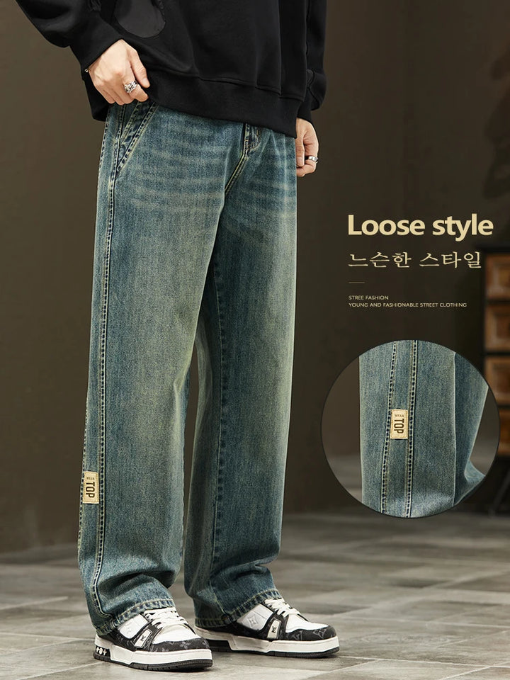 Koreanische Jeans mit weitem Bein, Vintage-Waschung, Herren-Denim-Hose, Streetwear-Style, lässig, Baggy Straight Hose