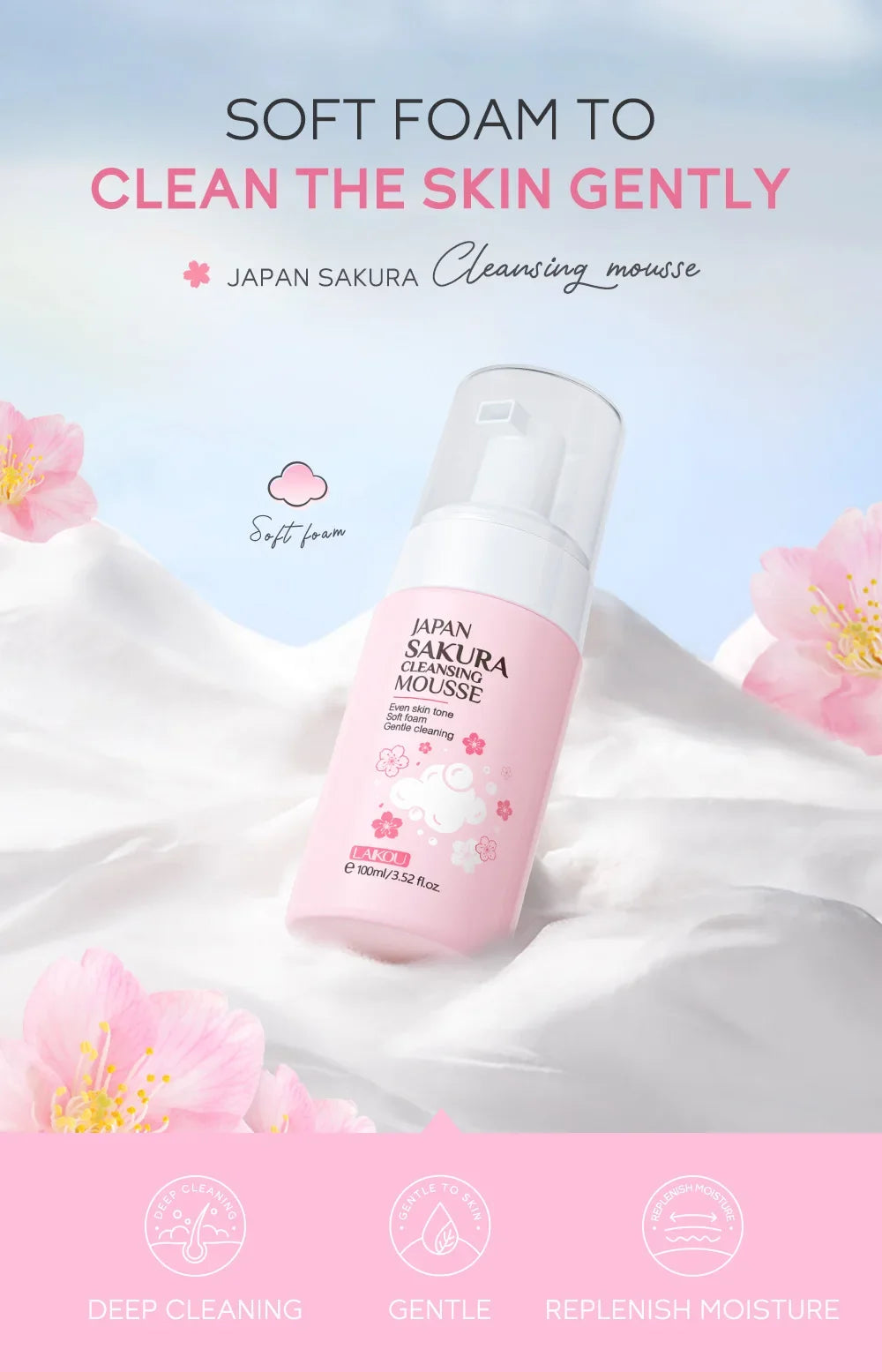 LAIKOU Cherry Blossom Women Facial Cleanser  Face Korean Skin Care Products Original Products 100ml Halalzen