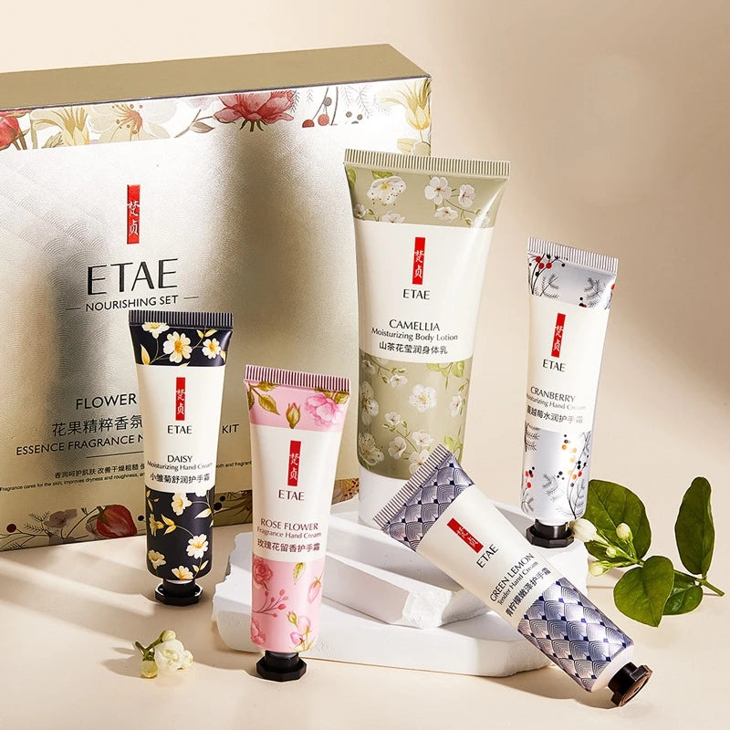 Flower and Fruit Essence Fragrance Moisturizing Set, Hydrating Body Lotion, Moisturizing Hand Cream Set, Gift Box, Instantly Absorbs the Refreshing Floral Fragrance from the Fingertips, Leaving Your Hands Glowing and Tender