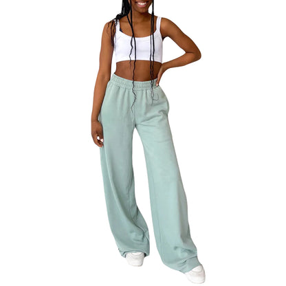 Women s High Waist Wide-Leg Pants in Solid Color Elastic Waistband Loose Fit Casual Fall Sweatpants with Straight Bottoms