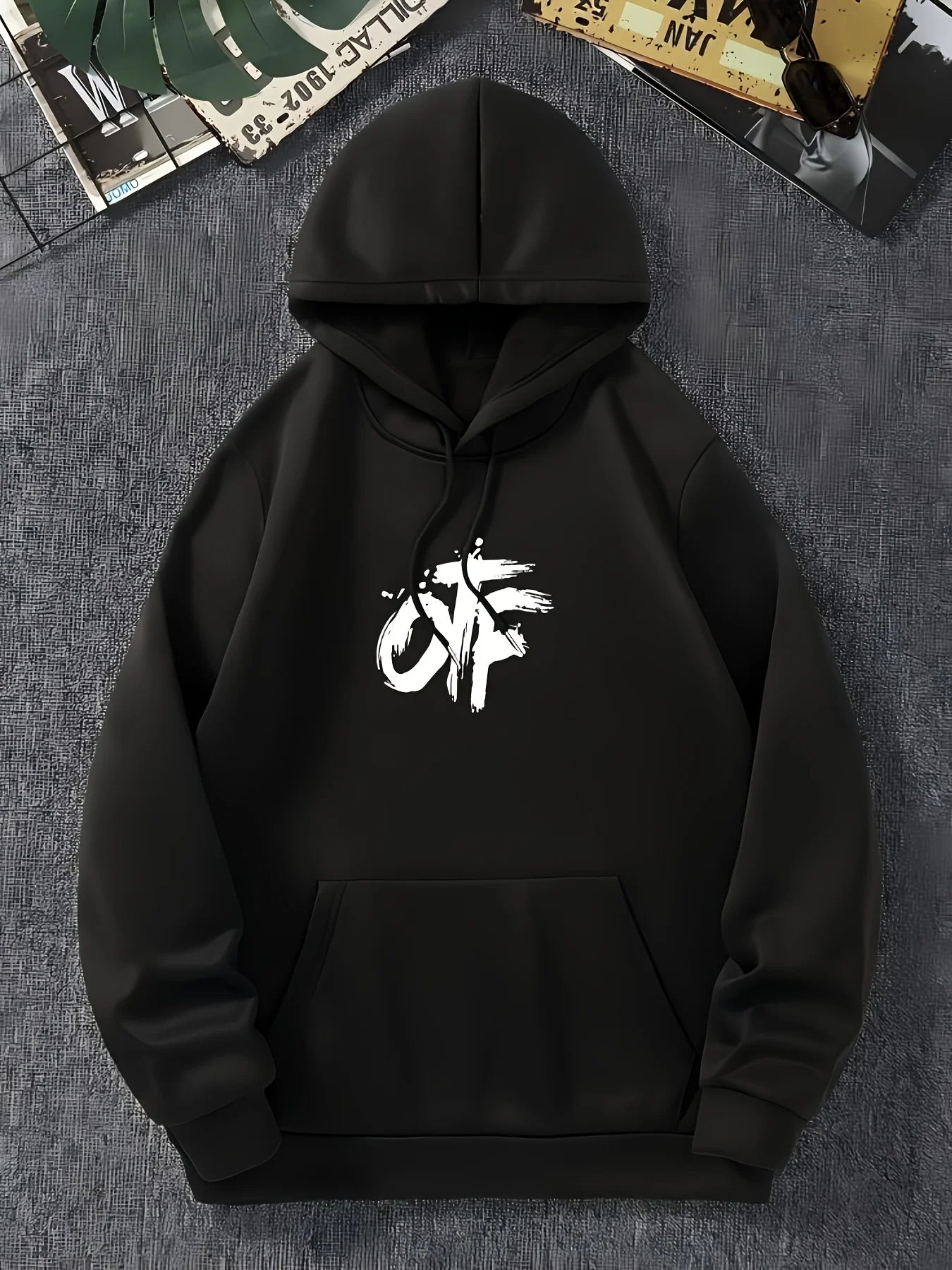 2025 Men's OTF Graffiti Print Hooded Sweatshirt - Loose Fit Thick Winter Pullover, Black and White Street Style with OTF Letters