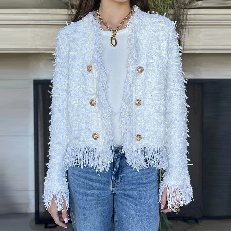 Casual Long Sleeve Plush Outercoat Autumn Winter Elegant Solid Color Cardigan Coat 2025 Women Fashion V-neck Tassel Short Jacket