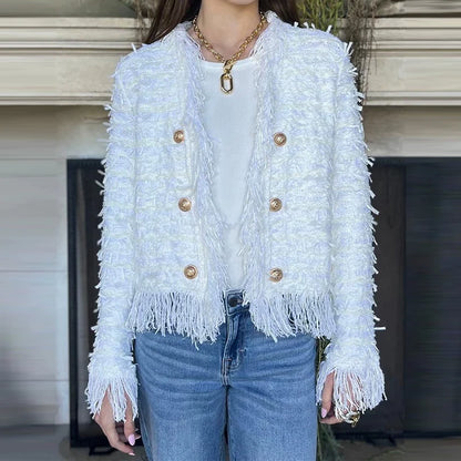 Casual Long Sleeve Plush Outercoat Autumn Winter Elegant Solid Color Cardigan Coat 2025 Women Fashion V-neck Tassel Short Jacket