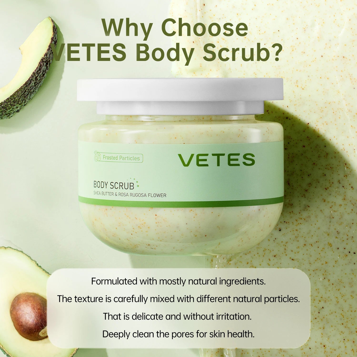 VETES 250g Body Scrub Avocado Scent Remover Dead Skin Soothing Glowing Exfoliation Scrub Wash Body Care Nourishing Luster Skin Halalzen