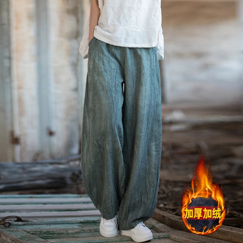 Elegant Women's Cotton Linen Baggy Cargo Pants Vintage Elastic Waist Yoga Trousers Loose Casual Long Wide Leg Oversize Clothes