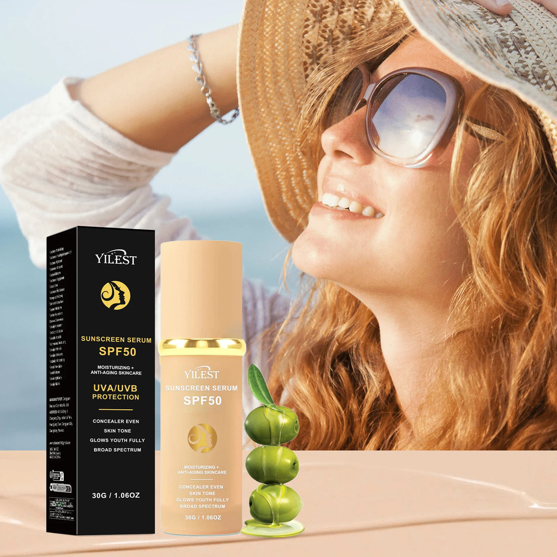 30g YILEST SPF50 Sunscreen Serum, 2‑in‑1 Makeup & Moisturizer, Light Tinted Foundation for Daily Outdoor Use