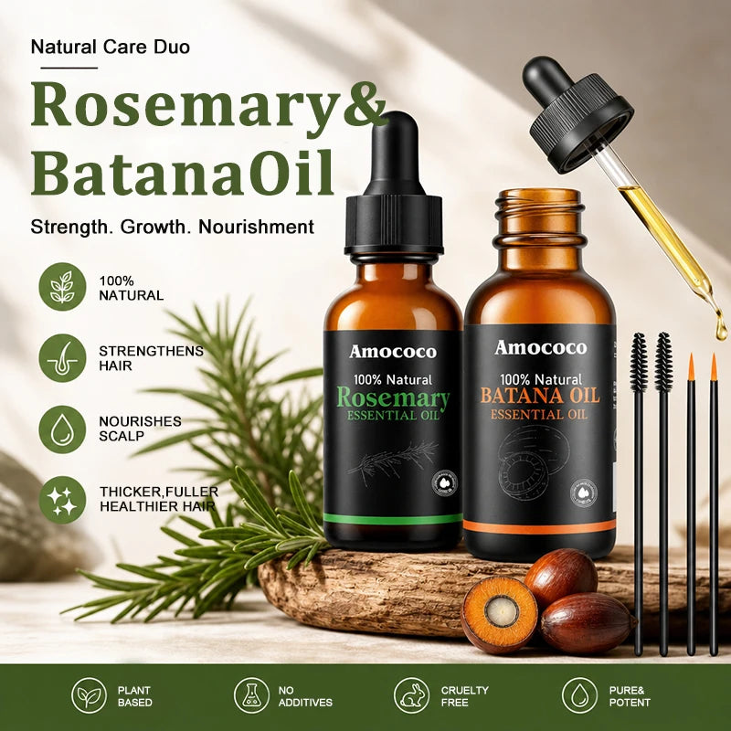 Amococo 2 pack Rosemary Oil Batana Oil 30ml each Hair Oil Duo Scalp Care Oil Nourishing Hair Serum for Dry Frizzy Hair Smooth Shiny Hair Care
