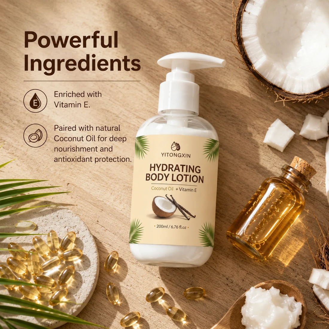 200ml Hydrating Body Lotion with Coconut Oil & Vitamin E, Vanilla Scented Moisturizer for Smooth Soft Skin, Daily Nourishing
