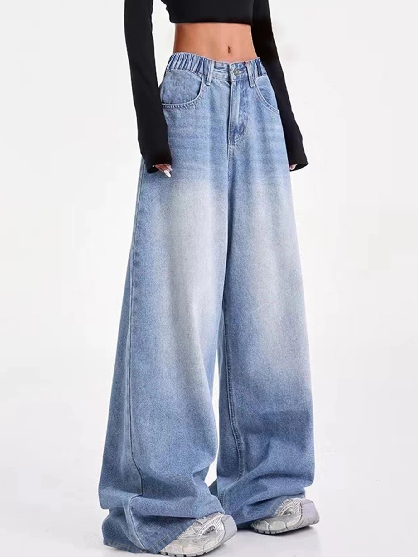 Vintage-washed blue American-style wide-leg straight-leg jeans for tween/teen girls – loose-fit, high-street casual long-length
