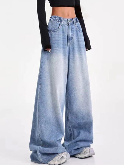 Vintage-washed blue American-style wide-leg straight-leg jeans for tween/teen girls – loose-fit, high-street casual long-length