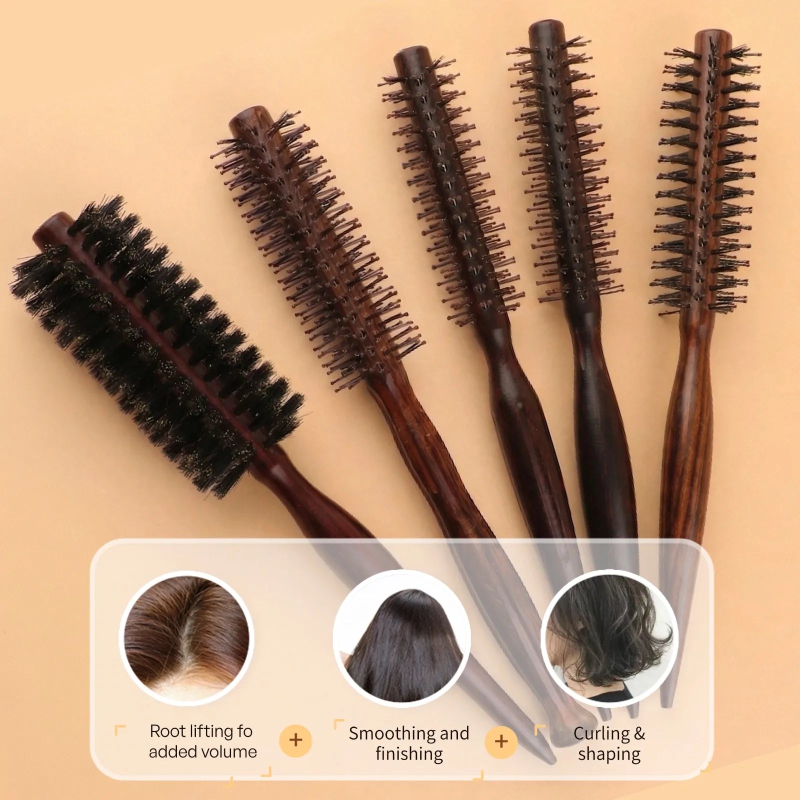 2Pcs Professional Salon Hair Styling Brush Wooden Round Brush Set Vent Brush Detangling Volumizing Hair Brush Barber Home Use