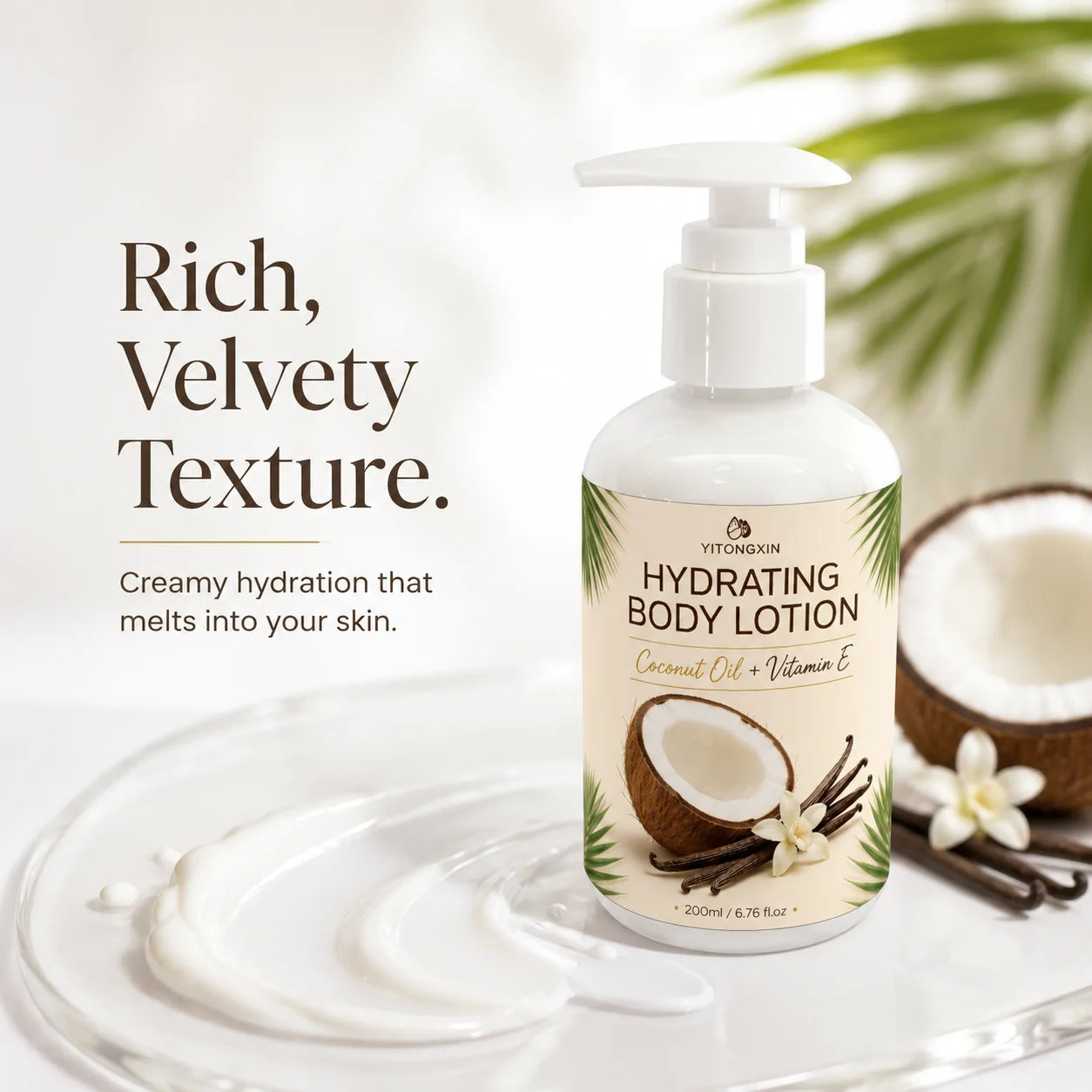 200m Coconut Oil & Vitamin E Body Lotion Coconut Vanilla Scent Hydrating Moisturizer for Smooth Skin, Non-Greasy Fast Absorbing
