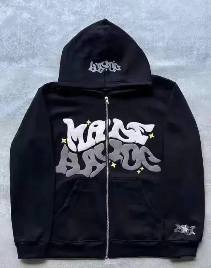 American retro star and letter printed zipper hoodie for men and women Y2K Spring and Autumn cardigan jacket