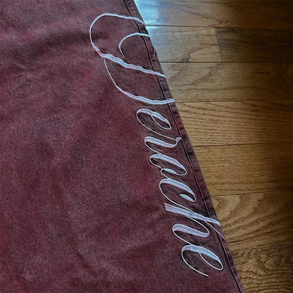 Y2K Casual Loose Jeans Vintage Letter Print Rivet Waist Belt Design Red High Waist Wide Leg Jeans Men Women Hip Hop Streetwear