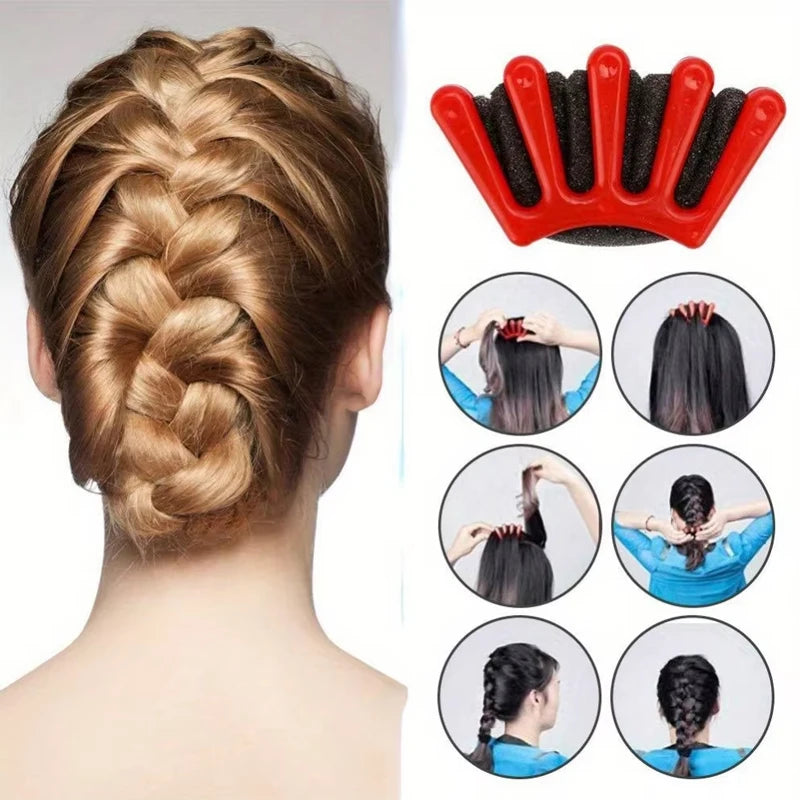5-Finger Sponge Hair Braiding Tool, DIY Wave Curly Twist Styling Kit, Manual Hair Weaver Crimper for Women Girls Party Travel