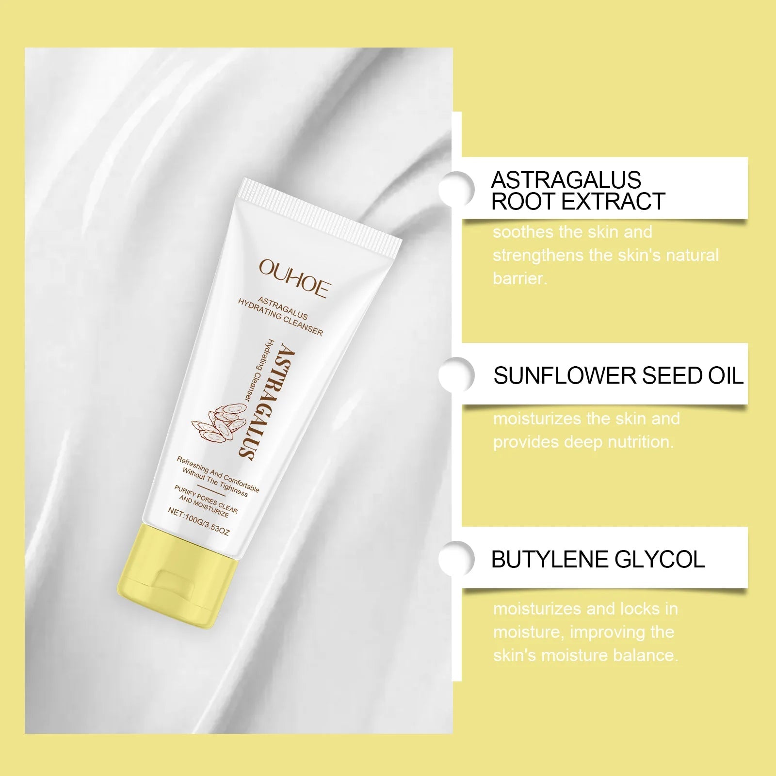 Astragalus Hydrating Facial Cleanser Purifying Pores Deep Cleansing Hydrating Moisturizing Refreshing Non-Drying Daily Face Wash Halalzen
