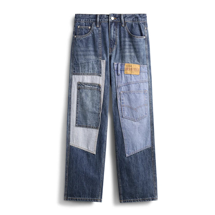 Men's Patchwork Pattern Design Baggy Jeans Cool Boy Street Style Bottoms Casual Pants Fashion Wide Leg Trousers Male Sweatpants