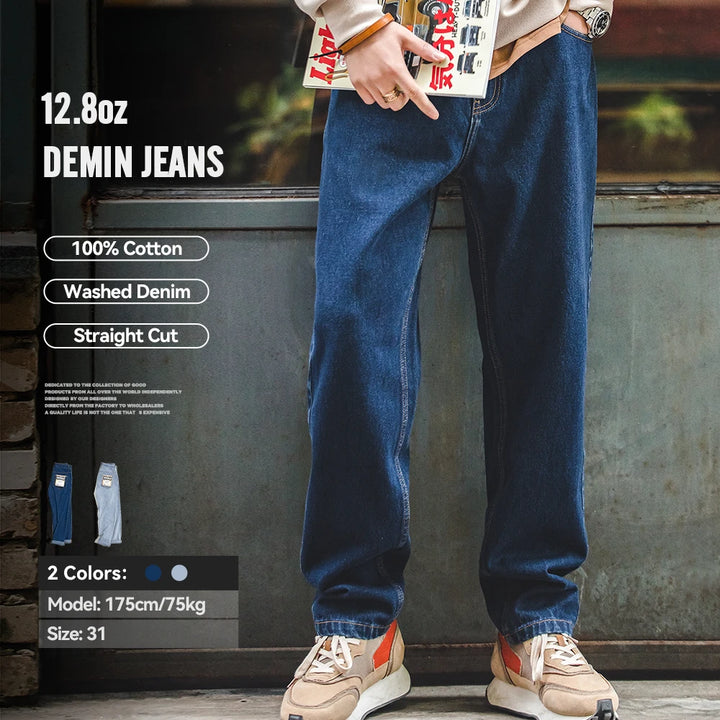 Maden Washed Denim Jeans 12.8 oz Retro Loose Straight Trousers Baggy Pants Oversize 28-38 Fashion Men’s Clothes 2 Colors