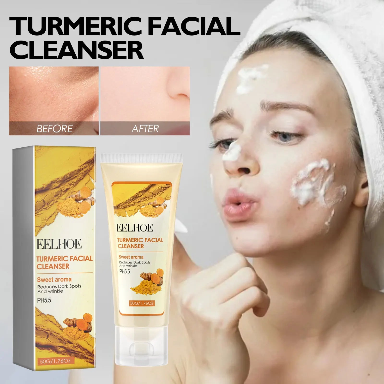Turmeric Facial Cleanser Deeply Cleanses and Repairs The Skin Barrier Moisturizes Shrinks Pores Oil Control Blackheads Face Halalzen