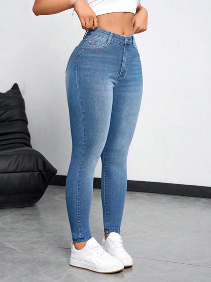 Plus size women's fashionable and versatile slim-fitting pure blue skinny jeans, stretch jeans, high waist and slim fit